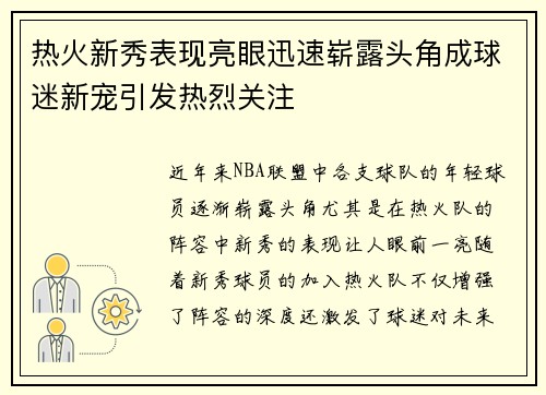 热火新秀表现亮眼迅速崭露头角成球迷新宠引发热烈关注