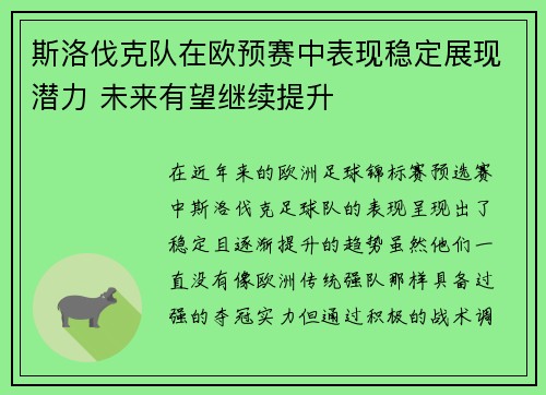 斯洛伐克队在欧预赛中表现稳定展现潜力 未来有望继续提升