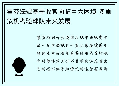 霍芬海姆赛季收官面临巨大困境 多重危机考验球队未来发展