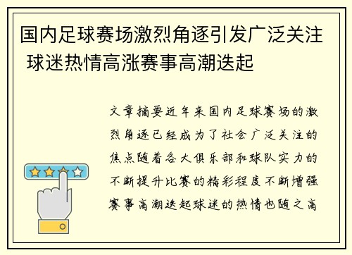 国内足球赛场激烈角逐引发广泛关注 球迷热情高涨赛事高潮迭起
